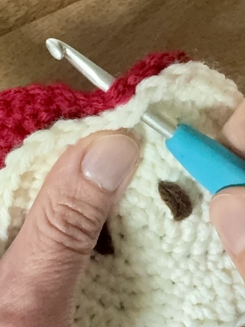 Crochet hook passing through the front and back layers of the coaster