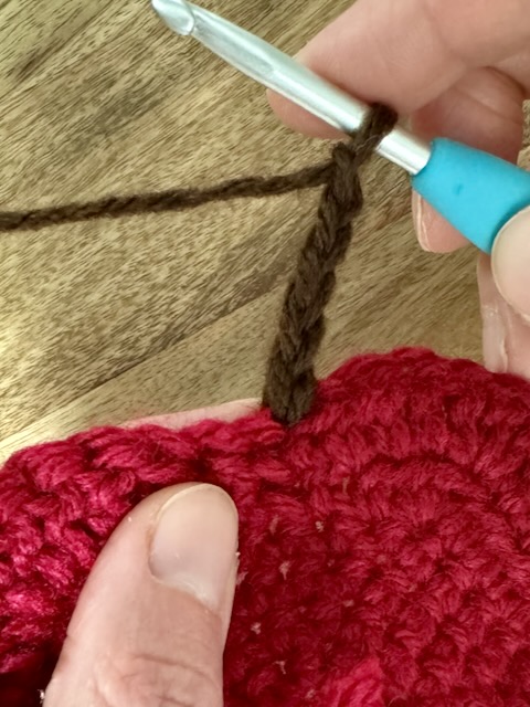 ch 5 in dark brown yarn for apple stem